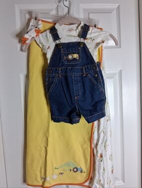 Vintage Gymboree Denim Short Overalls Onsie Socks and Blanket Set 3-6 months NWT